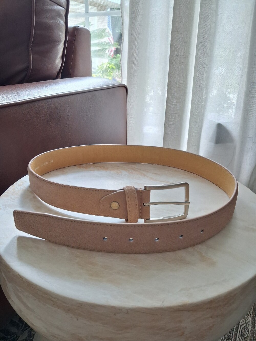 Men's Made In Italy Size 31 Classic Tan Suede Leather Belt - Silver Buckle